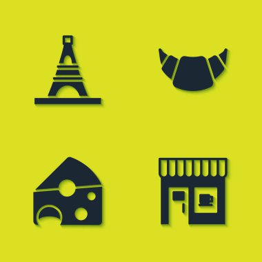 Eyfel Kulesi, Kafe, Peynir ve Kruvasan ikonu. Vektör.