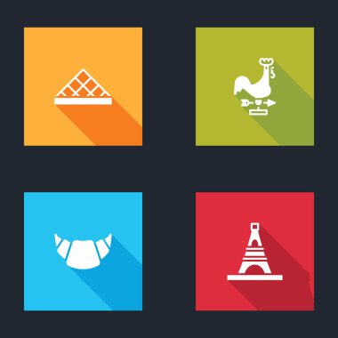 Louvre Müzesi, Horoz rüzgar gülü, Kruvasan ve Eyfel kulesi ikonu. Vektör.