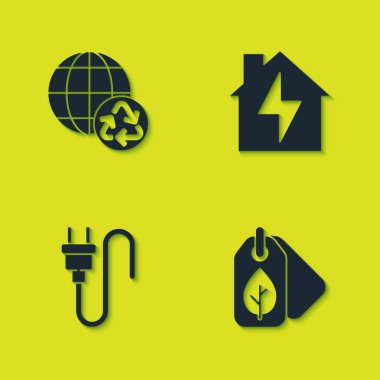 Yeryüzünü, geri dönüşümü, yapraklı etiketi, elektrik prizini ve yıldırım ikonunu ayarla. Vektör.