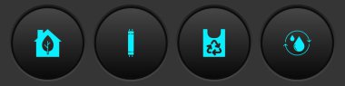 Çevre dostu ev, floresan lamba, geri dönüşümlü plastik poşet ve temiz su ikonunu geri dönüştür. Vektör.