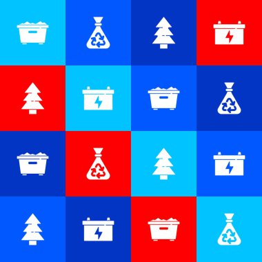 Çöp tenekesi, geri dönüşümlü çöp torbası, Noel ağacı ve araba aküsü ikonu. Vektör.