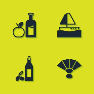 Apple elma şarabı şişesi, vantilatör flamenko, bir şişe zeytinyağı ve yat teknesi ikonu. Vektör.