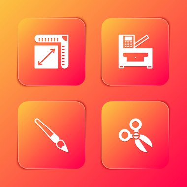 Kağıt boyutunu, kopyalama makinesini, boya fırçasını ve makas simgesini ayarla. Vektör.