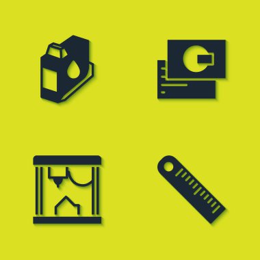 Yazıcı mürekkep kartuşu, cetvel, 3D yazıcı ve kartvizit simgesini ayarla. Vektör.