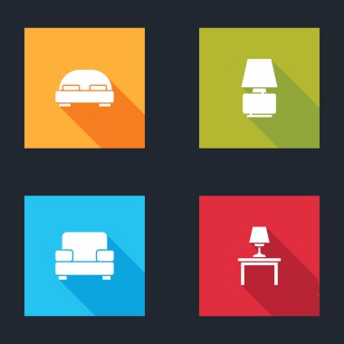 Büyük yatağı, masa lambasını, Kol sandalyesini ve masa ikonunu hazırla. Vektör.