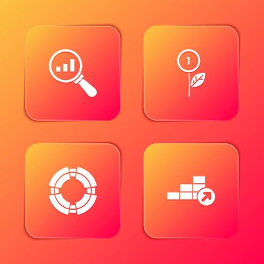 Büyüteci ve analizi ayarla, dolar fabrikası, iş hayatı şamandırası ve finansal büyüme ikonu. Vektör.