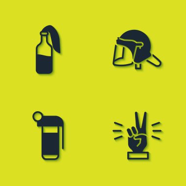 Kokteyl molotofu, el, iki parmak, el bombası ve polis miğferi ikonu. Vektör.