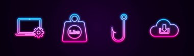 Dizüstü bilgisayar, ekipman, ağırlık, balık oltası ve bulut indirme ayarlayın. Parlayan neon ikonu. Vektör.