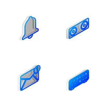 Isometric hattı Stereo hoparlörünü, zil, yeni gelen e- posta mesajını ve Retro saat simgesini ayarla. Vektör.