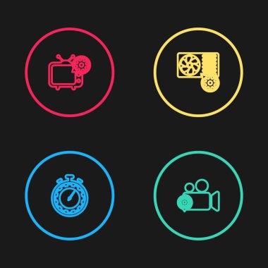 Hat zaman yönetimi ayarları, video kamera, klima ve televizyon simgesi. Vektör.