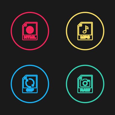 Satır GIF dosya belgesi, RAW, MP3 ve HTML simgesini ayarla. Vektör.