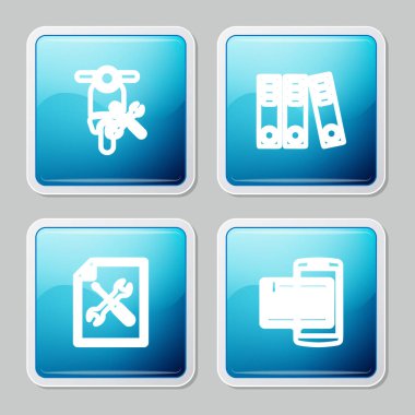 Satır Scooter servisini, Ofis dosyalarını, Dosya belgelerini ve Akıllı Telefon ve Kitap simgesini ayarla. Vektör.