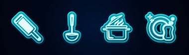 Hattı Grater, Kitchen kepçesi, tencere ve bulaşık yıkama. Parlayan neon ikonu. Vektör.