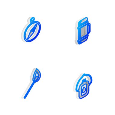 Isometric hattı termos kabı, pusula, yanan kibrit ve kantin su şişesi ikonu ayarla. Vektör.