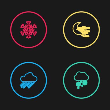 Bulut 'u yağmur, kar, sis, ay ve kartanesi ikonu ile donatın. Vektör.