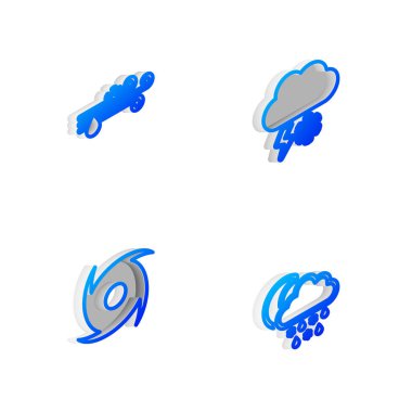 Isometric hattını kar ve şimşekle donat, rüzgar yağmuru, kasırga ve kar, ay ikonu. Vektör.