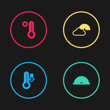 Meteoroloji termometresini, gökkuşağını, bulut ve ikonla ayarla. Vektör.