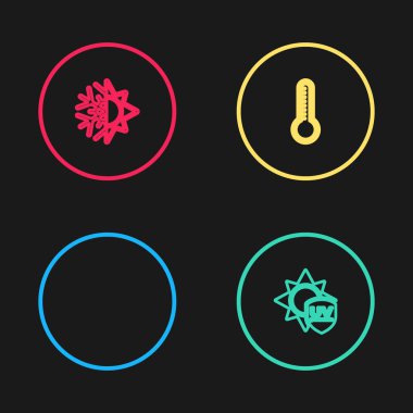 Gökkuşağını güneş, ultraviyole koruma, meteoroloji termometresi, güneş ve kar tanesi ikonu ile ayarla. Vektör.