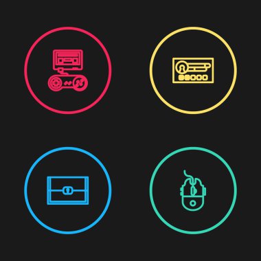 Oyun için Satır Sandığı, Bilgisayar fare oyunu, hesap ekranı ve oyun konsolunu joystick simgesi ile oluştur. Vektör.