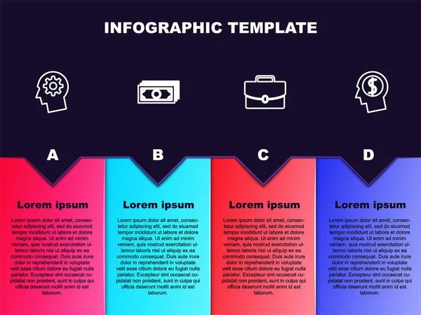 将人头装上装备 堆栈纸钞现金 公事包和商业策划头脑 业务信息模板 — 图库矢量图片