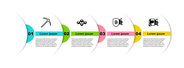 设置线Pickaxe 锁链技术 盾牌与比特币和智能合同 业务信息模板 — 图库矢量图片