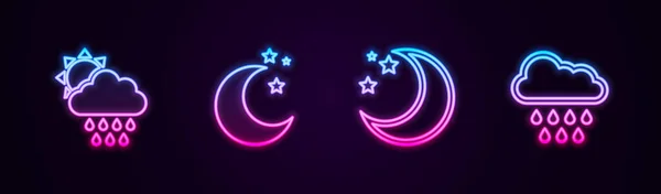 Set Line Cloud Rain Sun Moon Stars Glowing Neon Icon — Stock Vector