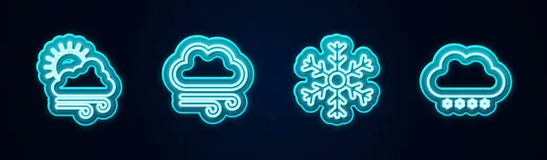 Set Line Windy Weather Snowflake Cloud Snow Glowing Neon Icon — Stock Vector