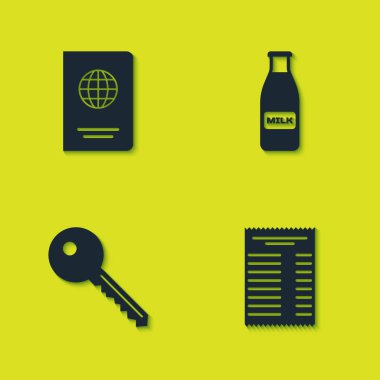 Pasaport, kağıt para, anahtar ve cam şişe süt ve kapak ikonu. Vektör.