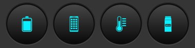 Süt ikonu için Batarya, Mobil Uygulamalar, Termometre ve Kağıt paketini ayarla. Vektör.