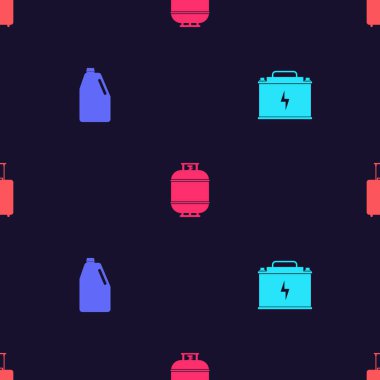 Araba aküsü, ev yapımı kimyasallar şişesi, propan benzin deposu ve seyahat çantasını kusursuz bir şekilde hazırlayın. Vektör.