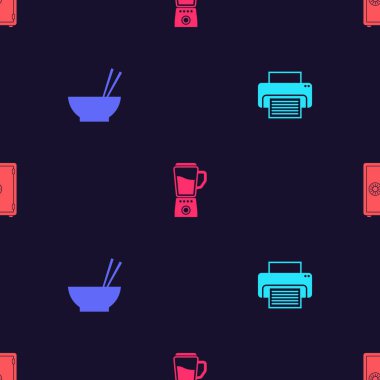 Yazıcı ayarla, yemek çubuklarıyla kase yap, blender ve kasa kusursuz desenli. Vektör.