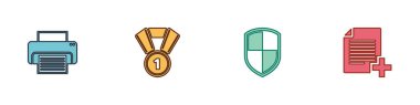 Yazıcı, Madalya, Kalkan ve Yeni Dosya simgesi Ekle. Vektör.