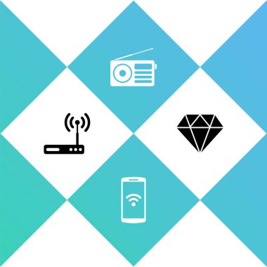 Router ve wi-fi 'yi ayarla, kablosuz akıllı telefon, radyo ve elmas ikonu. Vektör.