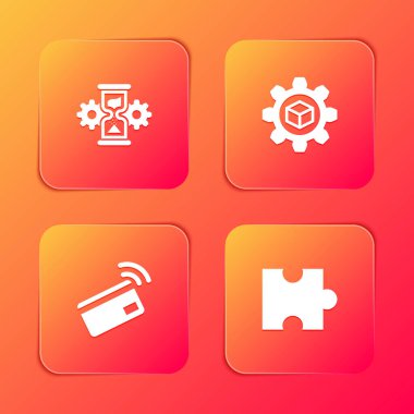 Kum saati ve teçhizat, ürün geliştirme, temassız ödeme ve bulmaca ikonu. Vektör.