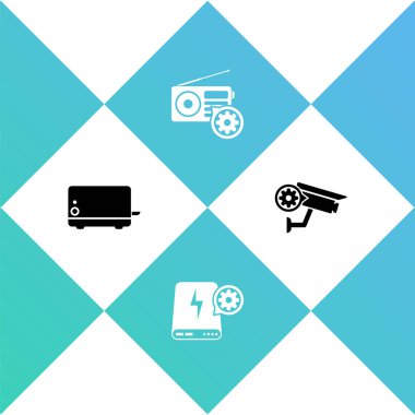 Tost makinesi, elektrik bankası ayarı, radyo ve güvenlik kamerası ikonu. Vektör.