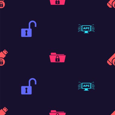 Bilgisayar api arayüzünü, asma kilidi, dizini ve USB flash diskini kusursuz desenli olarak ayarla. Vektör.