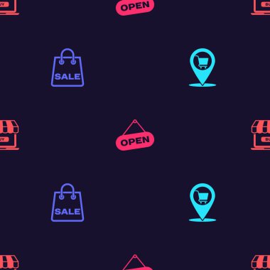 Konum alışveriş arabası, alışveriş torbası, açık tabela ve internetteki pürüzsüz şablonu ayarla. Vektör.