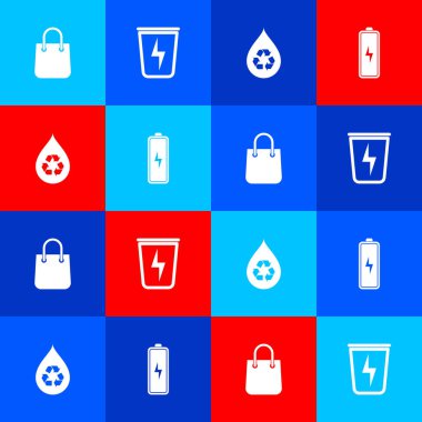 Alışveriş torbası, çöp tenekeli şimşek, temiz su ve pil simgesini geri dönüştür. Vektör.