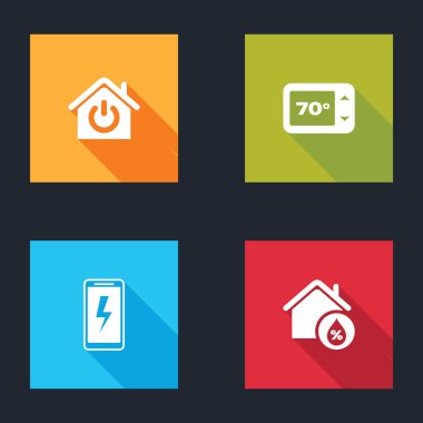 Smart Home, Thermostat, Mobil şarj bataryası ve House nem ikonu ayarla. Vektör.