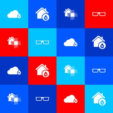 Nem oranı, ev nem oranı, akıllı ev ve gözlük simgesi. Vektör.