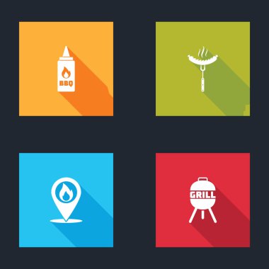 Ketçap şişesini, sosisi çatala, alev alev yanan yeri ve ızgara ikonunu hazırla. Vektör.