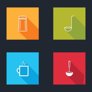 Tuz ve biber, mutfak kepçesi, kahve fincanı ve ikon. Vektör.