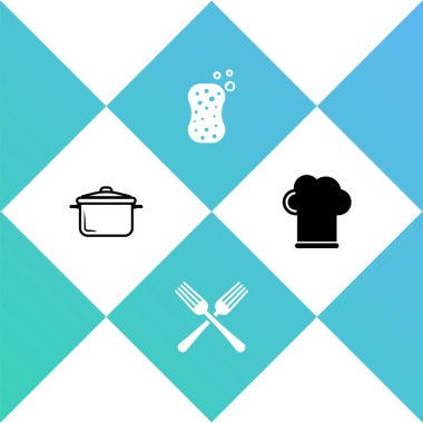 Yemek tenceresi, çapraz çatal, köpüklü sünger ve şef şapkası ikonu hazırla. Vektör.