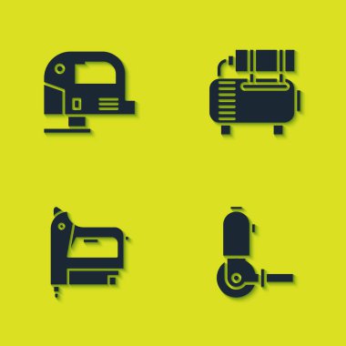 Elektrikli yap-boz, açılı öğütücü, inşaat zımbası ve hava kompresör simgesi. Vektör.