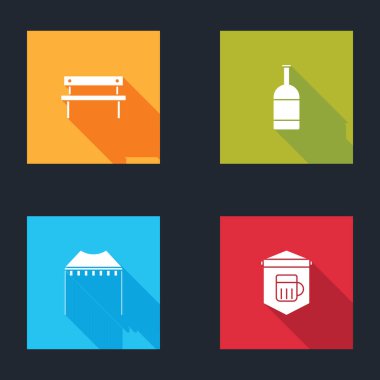 Bench, bira şişesi, kamp çadırı ve bira ikonlu tabela. Vektör.