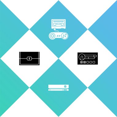 Oyun için sandığı, video konsolunu, joystick ile oyunu ayarla ve hesap ekranı simgesi oluştur. Vektör.