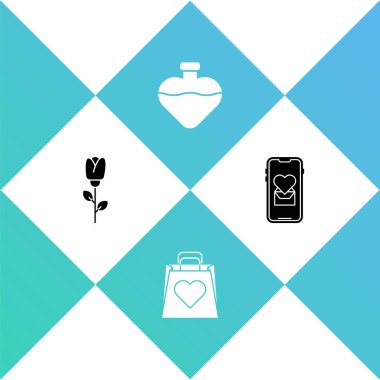 Çiçek gülü, kalpli alışveriş torbası, şişe aşk iksiri ve gezici ikon. Vektör.