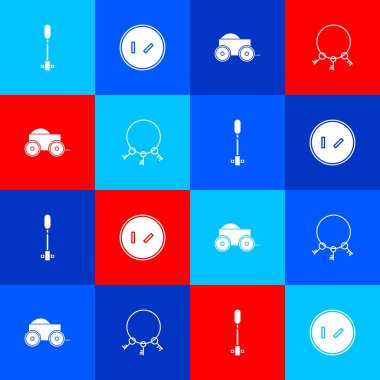 Meşale alevi, yuvarlak ahşap kalkan, tahta dört tekerlekli araba ve eski anahtar simgesi. Vektör.