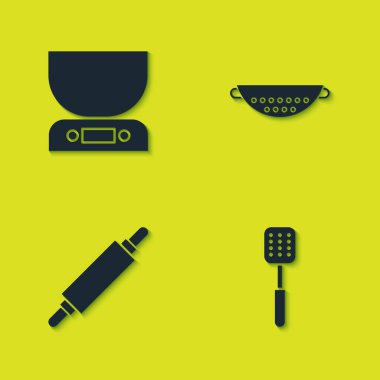 Elektronik ölçekler, Spatula, Rolling Pin ve Kitchen süzgeç simgesini ayarla. Vektör.