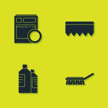 Mutfak bulaşık makinesi, temizlik için fırça, köpük ikonlu şişe ve sünger hazırla. Vektör.